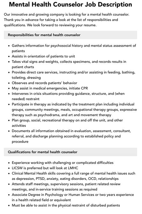 Mental Health Counselor Job Description Velvet Jobs