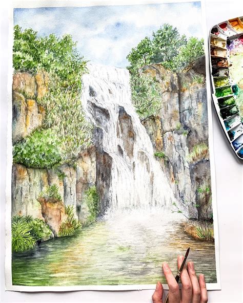 Watercolor Waterfall Painting Watercolor Landscape Paintings