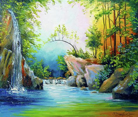 Waterfall In The Forest Painting By Olha Darchuk