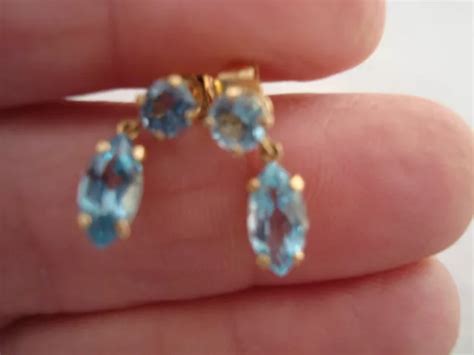 K Yellow Gold Blue Topaz Dangle Earrings Round Oval Stones Petite