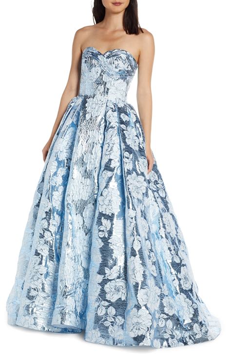 Mac Duggal Strapless Metallic Floral Jacquard Prom Dress In Aquamarine Blue Lyst
