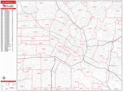 Los Angeles California Zip Code Wall Map Red Line Style By Marketmaps