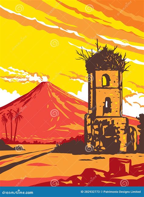 Mayon Volcano And Cagsawa Ruins Bell Tower Albay Philippines Wpa Art