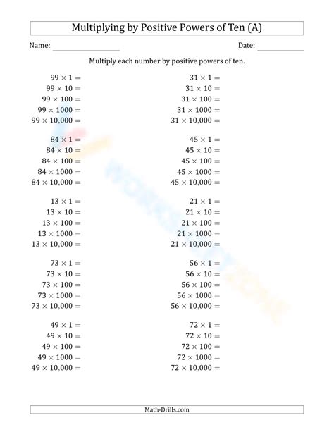 Multiplying By Positive Powers Of Ten Worksheet