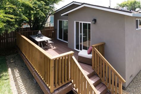 1/4 should be cut from the end of each rail to keep rail panel centered between posts. Deck with exterior stone floors, How To Install Deck Stair ...