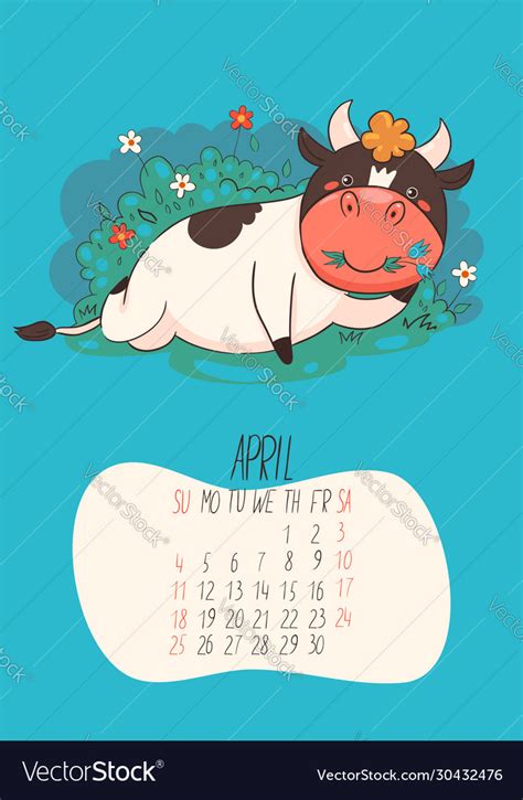 Posted in korean bj | 1 2 3. Calendar for april 2021 cute bull lies on the Vector Image
