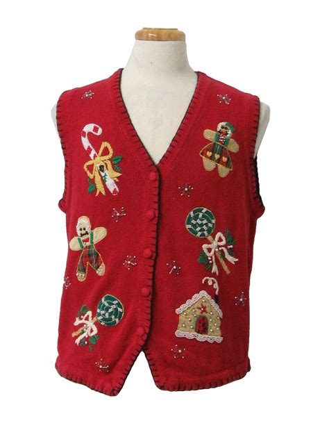 ugly christmas sweater vest bp designs unisex red background cotton ramie blend button front