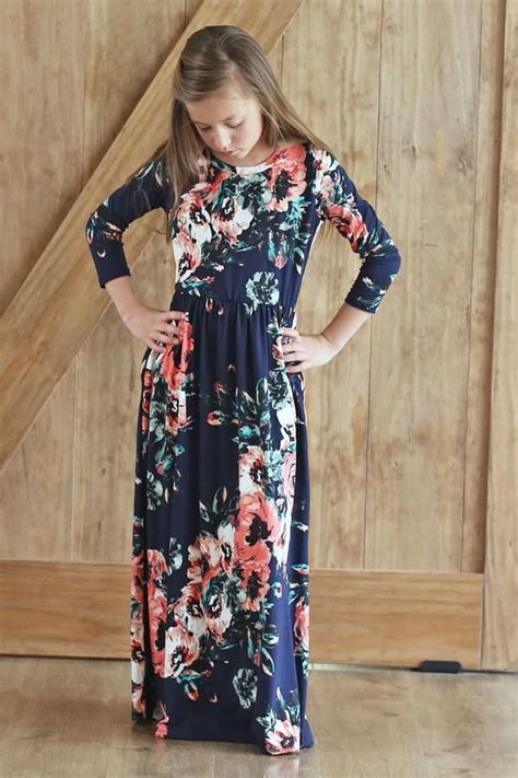 Modest Maxi Dress For Girls Sizes 4 Through 12 Floral Print Navy Color Front View Modest Girls