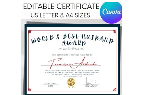 Editable Worlds Best Husband Certificate Appreciation Award