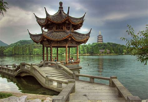 Hangzhou Lake Landscapes And Temple Pavilion Image Free Stock Photo