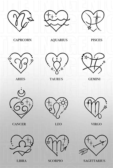 Heart Zodiac Signs Set Of Temporary Tattoo Flash Etsy Horoscope Tattoos Zodiac Sign Tattoos