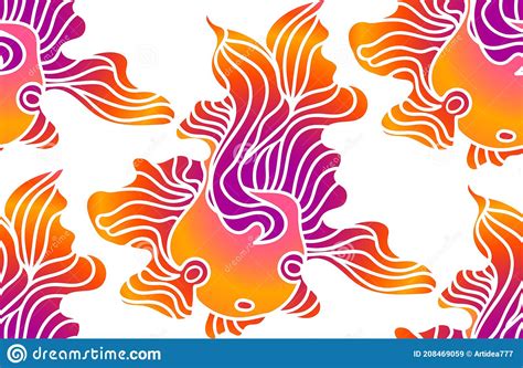 Vector Seamless Pattern With Colored Doodle Goldfish And Gradient Wavy