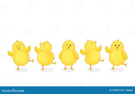 Little Chicks Cartoon Set Funny Yellow Chickens In Different Poses
