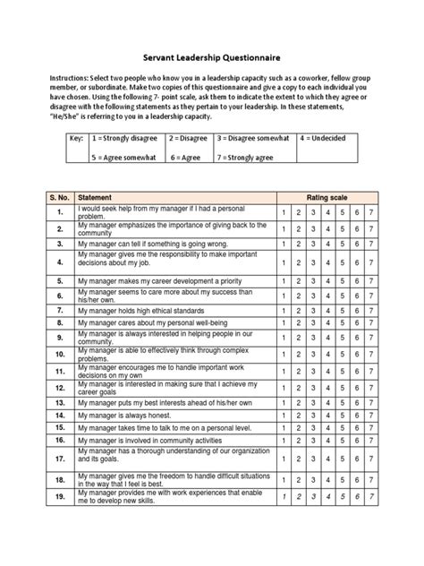 Servant Leadership Questionnaire Pdf Servant Leadership Leadership
