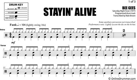 Stayin Alive Bee Gees Drum Sheet Music