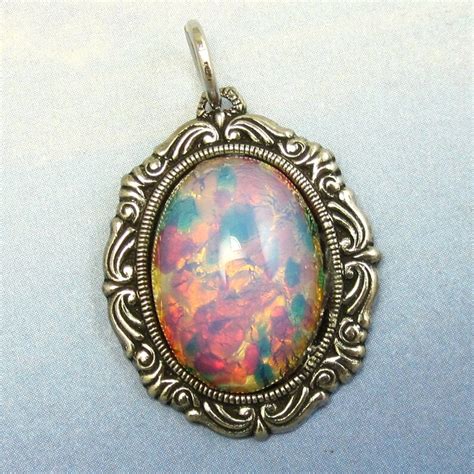 Pink Fire Opal Pendant Harlequin Vintage Glass Cabochon Silver Etsy