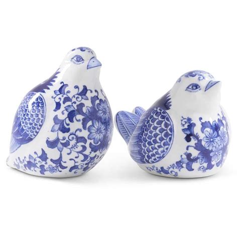 Set Of 2 Porcelain White And Blue Floral Birds Bella Casa Decor And