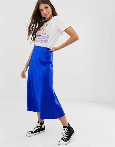 New Look Satin Midi Skirt In Light Blue Asos