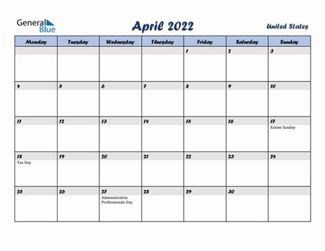 April 2022 United States Monthly Calendar With Holidays