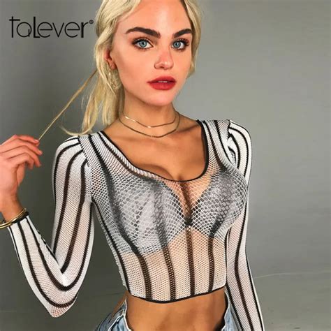 Aliexpress Com Buy Women Sexy See Through Bodycon Striped Lace Shirt