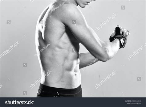 Male Bodybuilder Pumped Naked Body Black Stock Photo