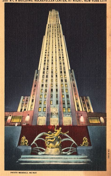 Vintage Postcard Rca Building Rockefeller Center At Night Fountain New