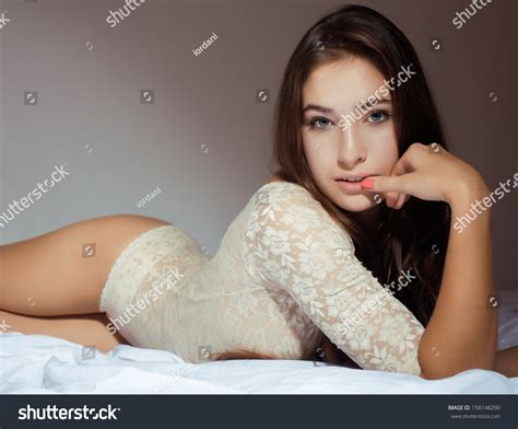 Pretty Brunette Woman Laying Bed Sensual Stock Photo