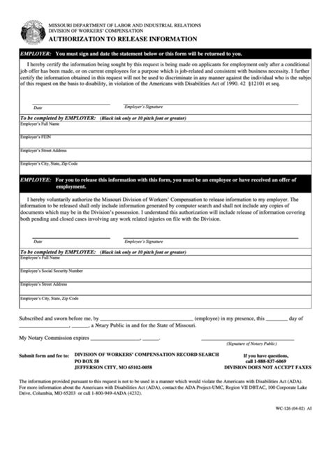 Form Wc 126 04 02 Authorization To Release Information Printable