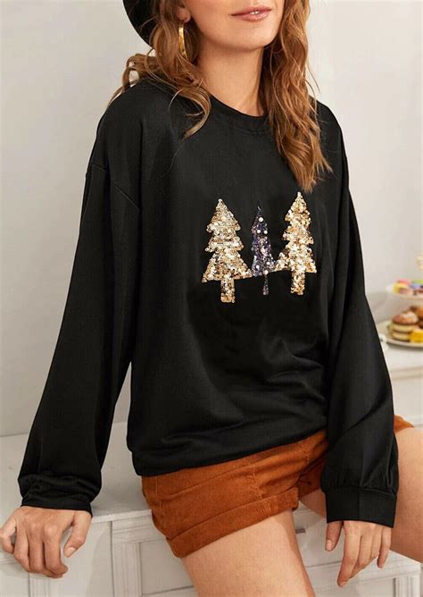 Christmas Tree Sequined Long Sleeve Sweatshirt Black Fannyme