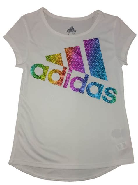 Adidas Girls White Metallic Rainbow Athletic T-Shirt Work Out Tee Shirt 