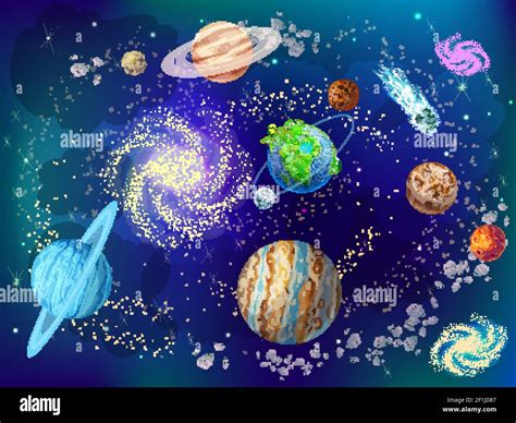 Cartoon Scientific Space Background With Planets Of Solar System Moon