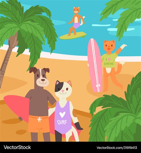 Animals Are Surfing Cartoon Style Cute Drawing Vector Image
