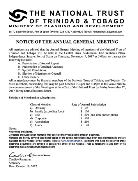 Notice Of The Annual General Meeting — National Trust Of Trinidad And