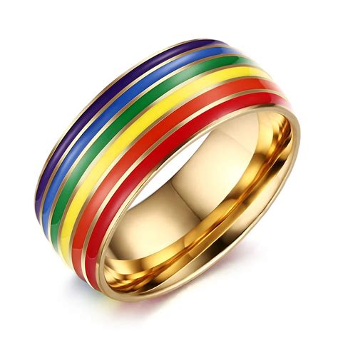 2017 Rainbow Ring Homosexual Gold Color Couple Rings Gay Pride Jewelry Stainless Steel Lesbian