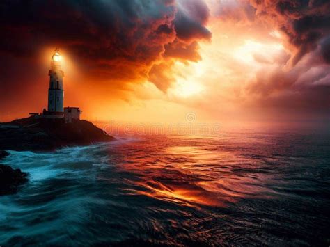 Old Lighthouse Guiding The Way In Ocean Storm Stock Illustration