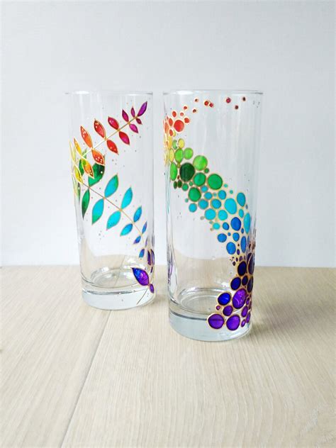 Rainbow Drinking Glasses Set Of 2 Hand Painted Floral Colorful Etsy Denmark