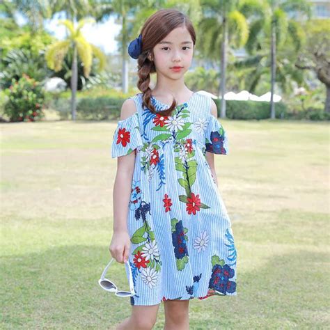 New Girls Floral Beach Dresses Fashion Striped Shoulderless Mini