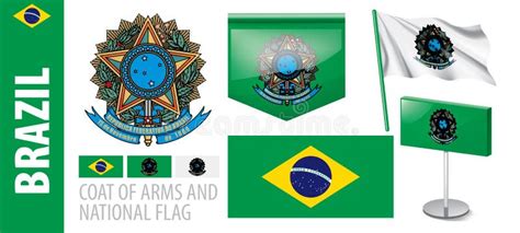 Conjunto De Vectores Del Escudo De Armas Y Bandera Nacional Del Brasil Ilustración Del Vector