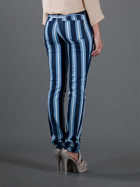 Lyst Tory Burch Mid Rise Striped Skinny Jeans In Blue