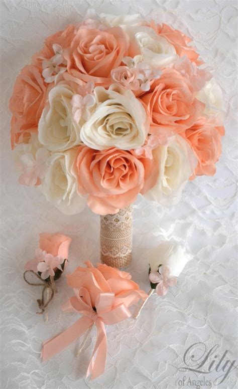 17 piece package silk flowers wedding bouquet artificial bridal bouquets decoration peach ivory