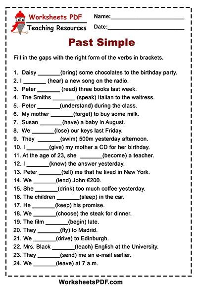 Past Simple Irregular Verbs Worksheets Pdf