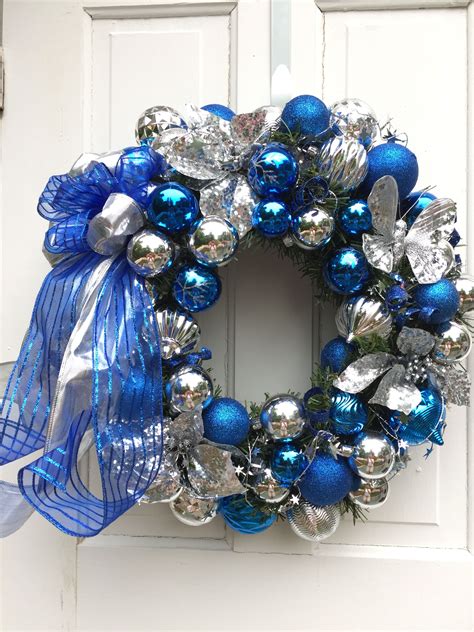 Blue And Silver Ornaments With Blue And Silver Ribbons Christmas