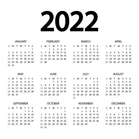 Calendario 2022 Año La Semana Comienza El Domingo Plantilla De