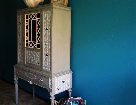 The Turquoise Iris ~ Furniture And Art Gray And White Hutch With Aviary Paper