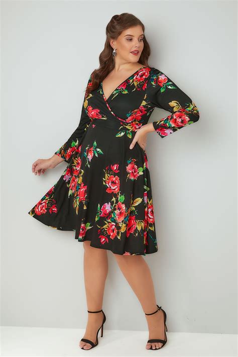 Lady Voluptuous Black Red Lyra Floral Print Dress Plus Size To