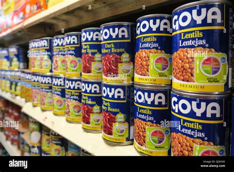 Cans Of Goya Brand Lentils And Beans Essex Street Market Nyc Stock