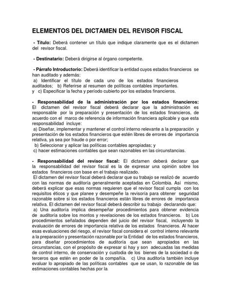 Elementos Del Dictamen Del Revisor Fiscal Pdf Auditoría Estado