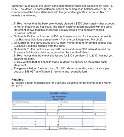 As of 27 march, you have available new functionalities. Solved: Santana Rey Receives The March Bank Statement For ...
