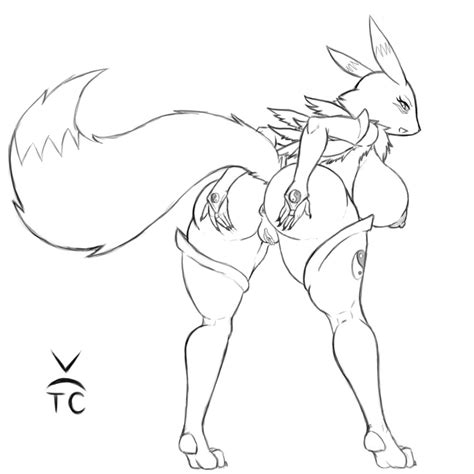 rule 34 ass back view bent over breasts digimon female female only monochrome nude renamon