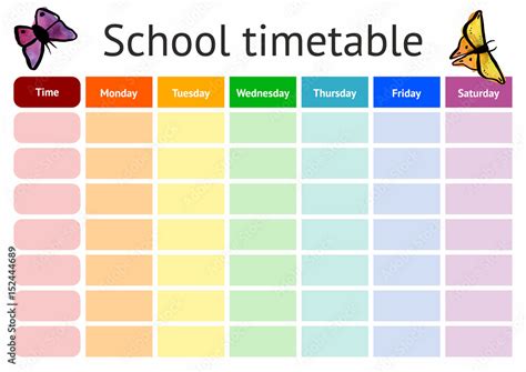 Vector School Timetable Weekly Curriculum Design Template Stock Vector